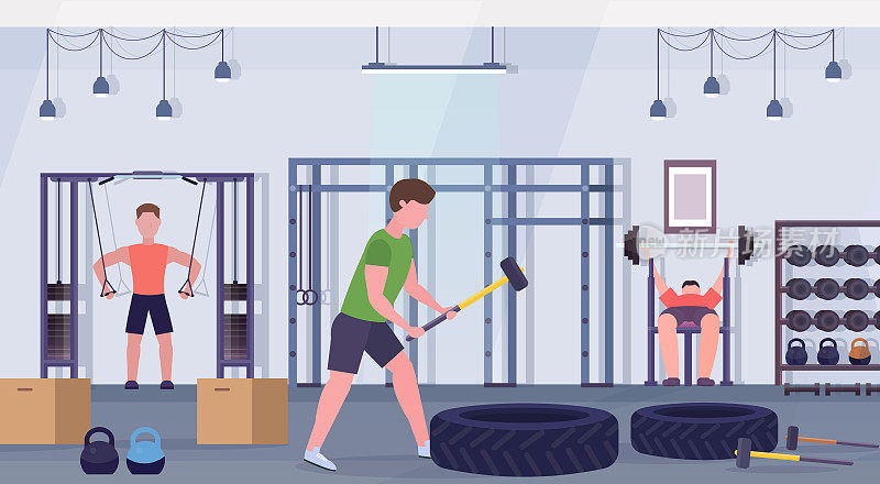 sporty people doing exercises men working out together on training apparatus in gym fitness workout healthy lifestyle concept modern health club studio interior horizontal